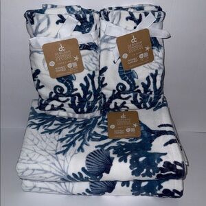 NWT Deborah Connolly 6 Pc Velour Cotton Bath Towel Set Blue Sea Horse Sea Shell